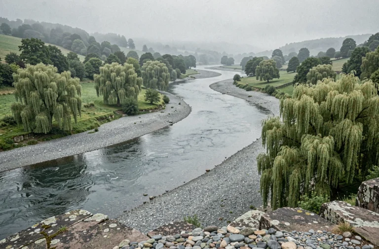Vue panoramique d'un grand fleuve commençant par C serpentant dans une vallée verdoyante avec des rives couvertes de saules