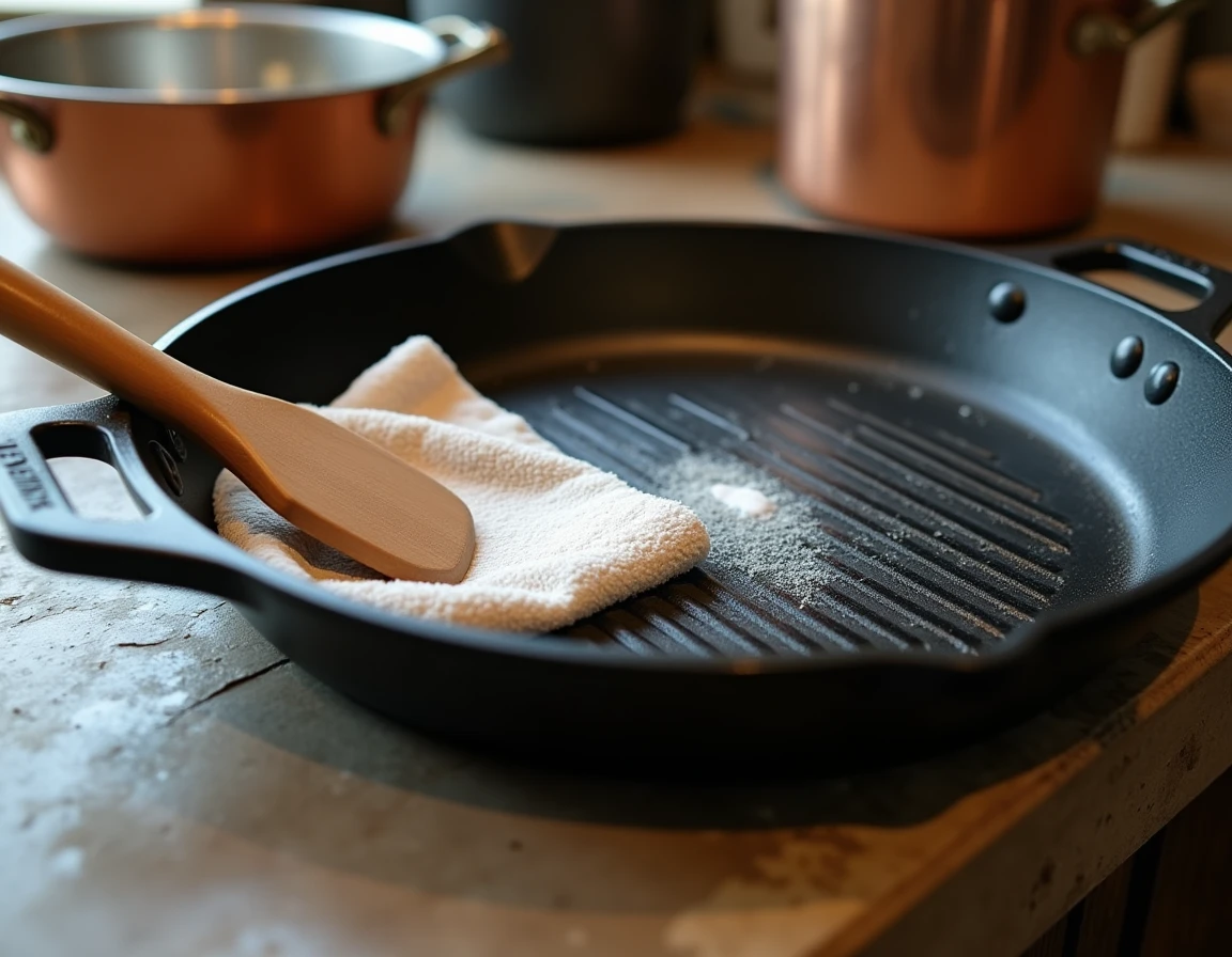 Gros plan sur la surface d'une plancha en fonte émaillée avec pâte de bicarbonate de soude pour le nettoyage