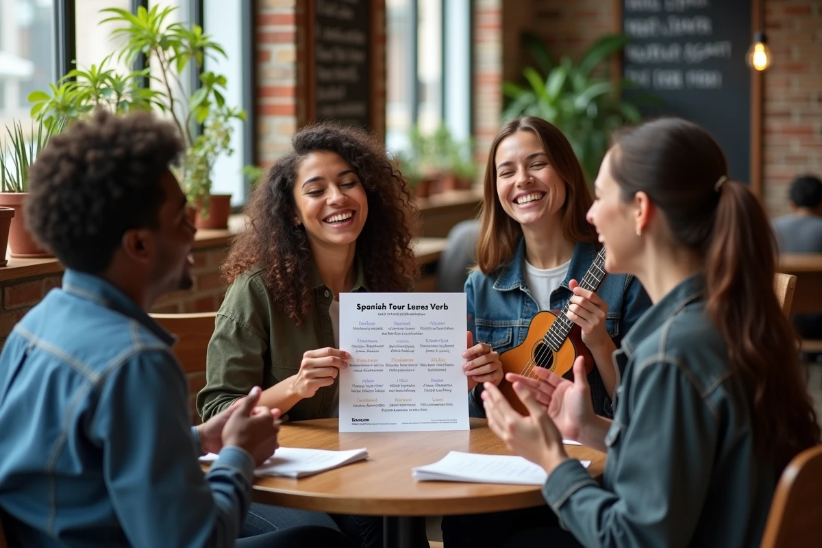 Groupe d'adultes apprenant le futur en espagnol en chantant ensemble dans un café autour de paroles de chansons