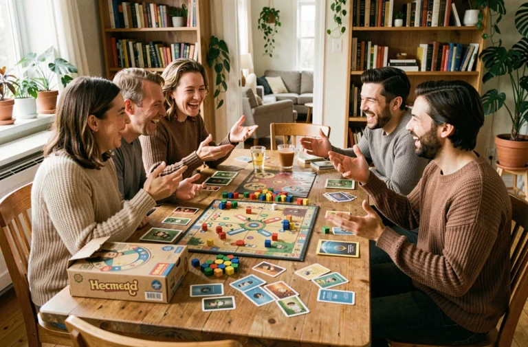 Groupe d'adultes jouant à un jeu de société autour d'une table en bois avec cartes et pions colorés