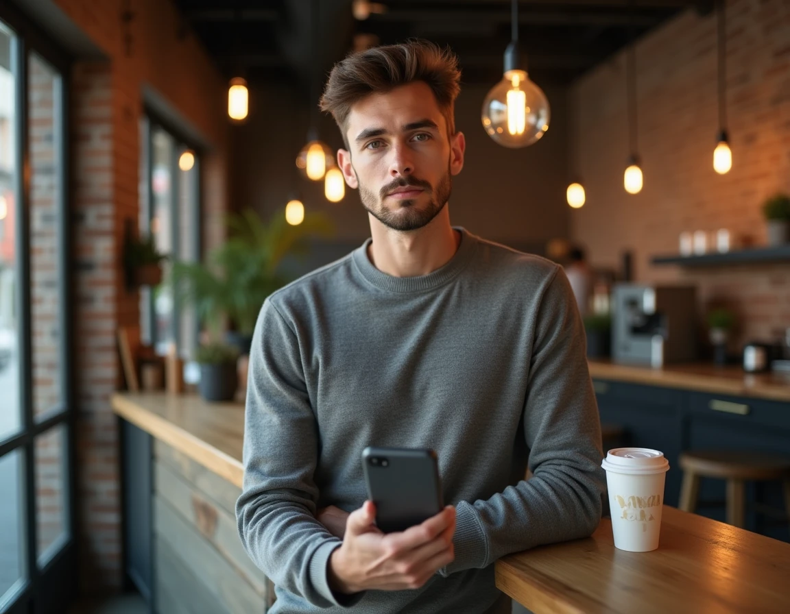 Homme consultant le plan du site DLG Fashion sur smartphone dans un café urbain moderne