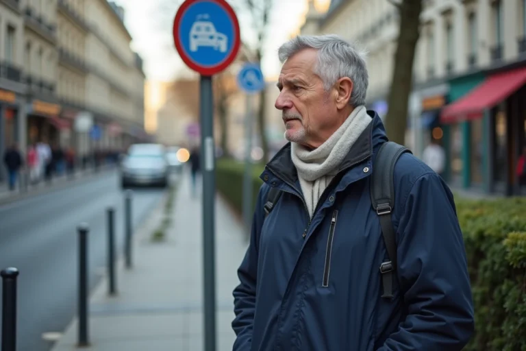 Homme d'âge moyen devant sa voiture électrique à Paris