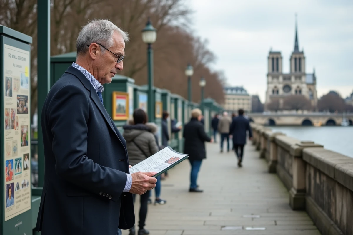 Homme lisant des panneaux d'exposition en plein air sur les quais de la Seine à Paris
