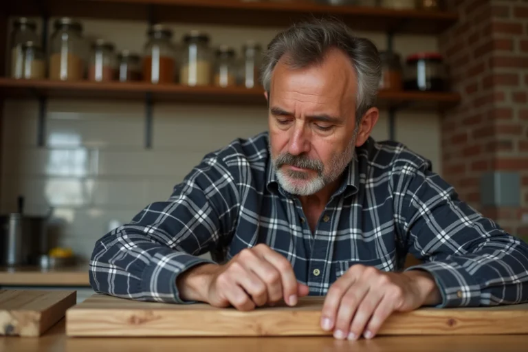 Homme inspectant un bois dans une cuisine chaleureuse