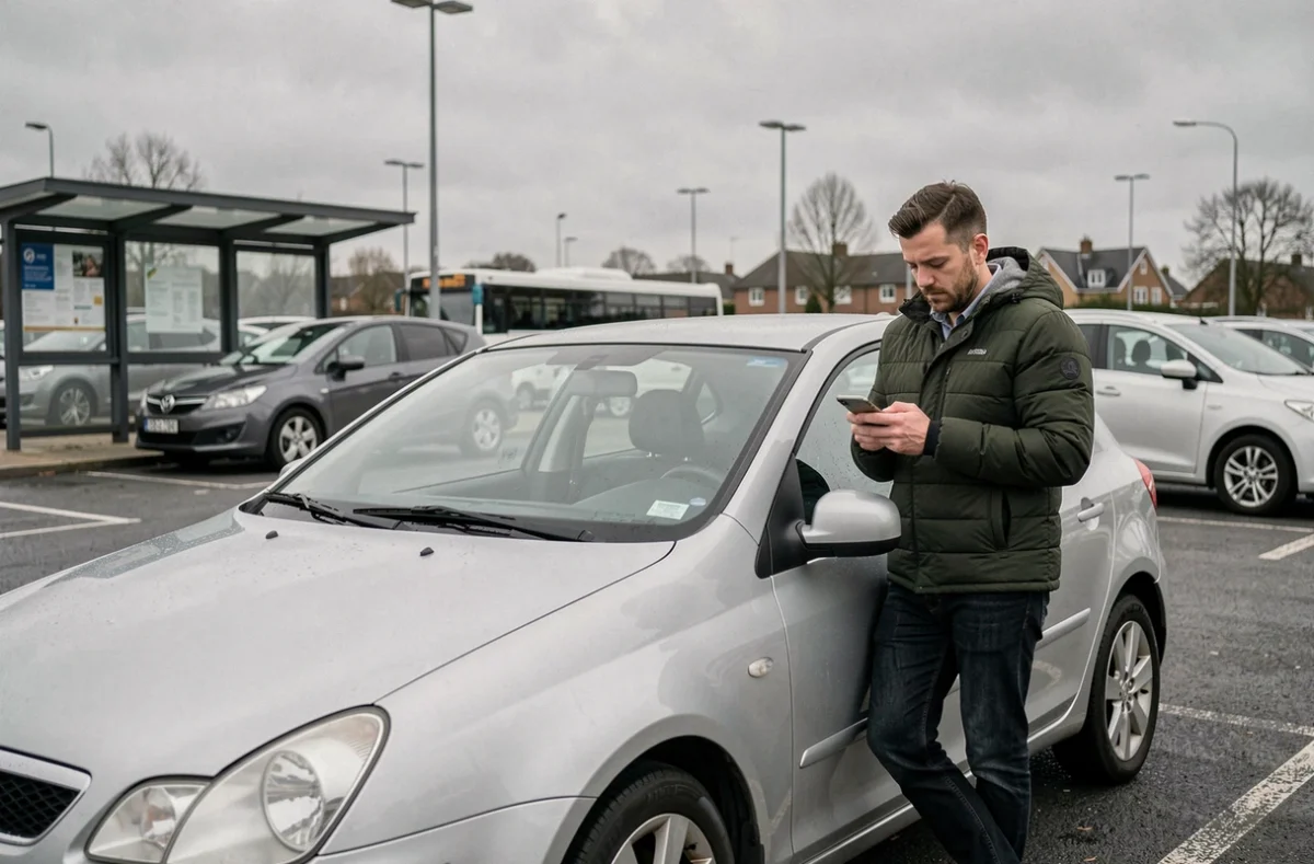 Homme consultant son téléphone dans un parking relais avant un trajet en covoiturage Karos près d'une gare