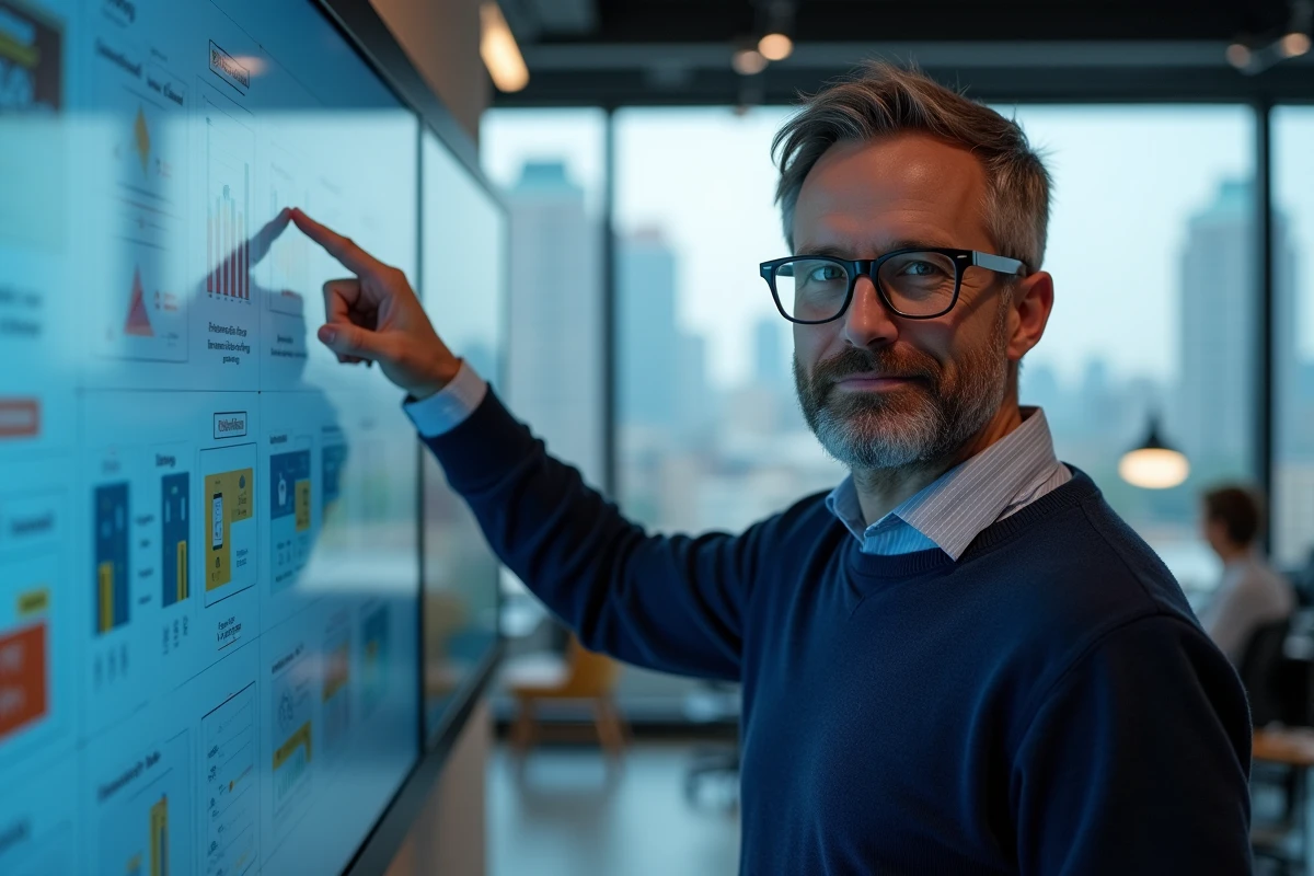 Homme pointant un sitemap de plateforme emploi dans un bureau moderne