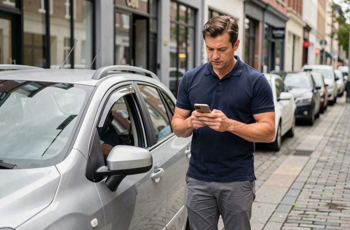Homme consultant son téléphone pour choisir une assurance auto à côté de sa voiture en ville