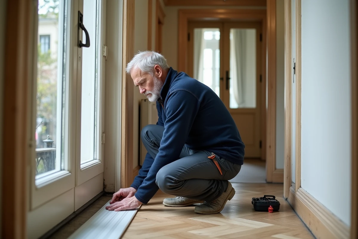 Homme installant un joint d'étanchéité sur une fenêtre pour améliorer l'isolation thermique d'un appartement ancien