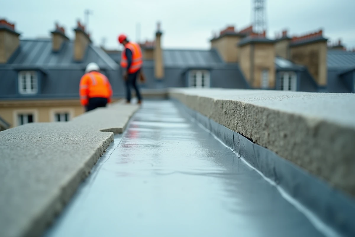 Technicien inspectant des panneaux d'isolation thermique sur un toit parisien lors de travaux de rénovation énergétique