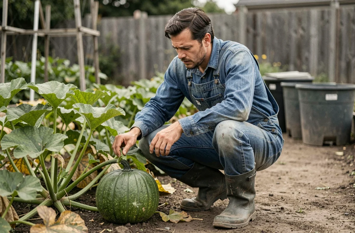 Jardinier examinant une citrouille verte dans son potager en plein air