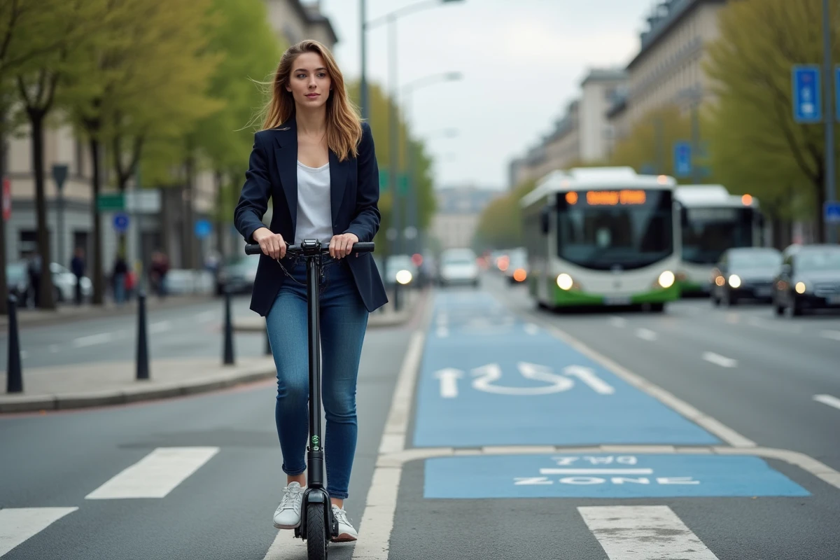 Jeune femme en blazer avec escooter près de la zone ZFE