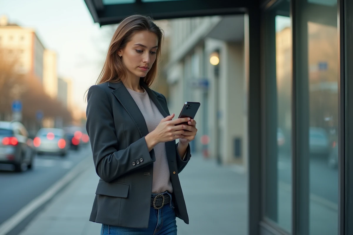 Jeune femme regardant son smartphone à un arrêt de bus en ville