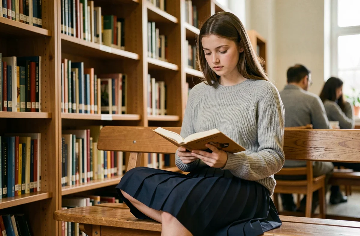 Jeune fille en jupe plissée marine lisant dans une bibliothèque, illustrant le rapport entre tenue vestimentaire, identité et perceptions sociales