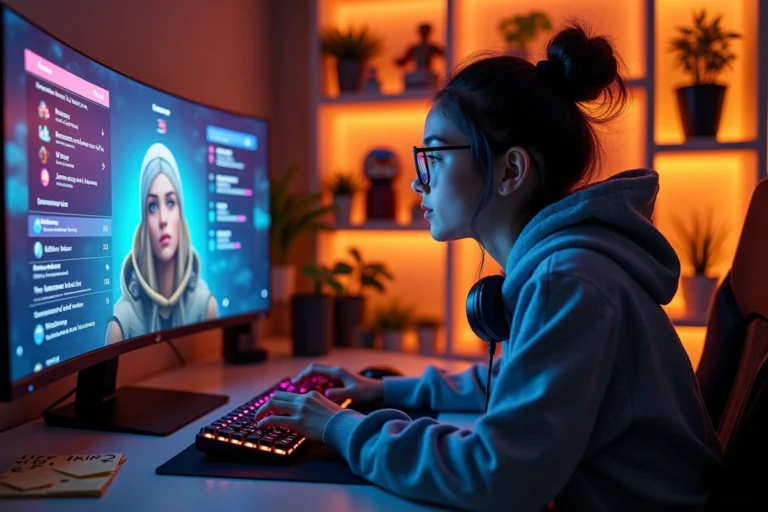 Joueuse passionnée explorant les menus avancés de Les Sims 4 sur son PC gaming avec des mods installés