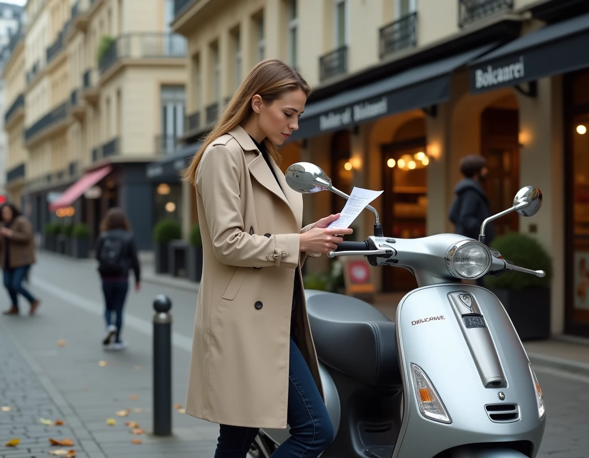 Femme examinant un contrat de location de scooter dans une rue parisienne pavée