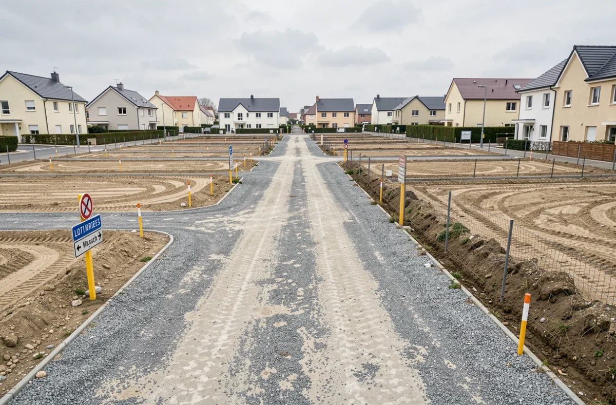 Zone de lotissement en développement en périphérie d'une ville française avec des parcelles délimitées à vendre