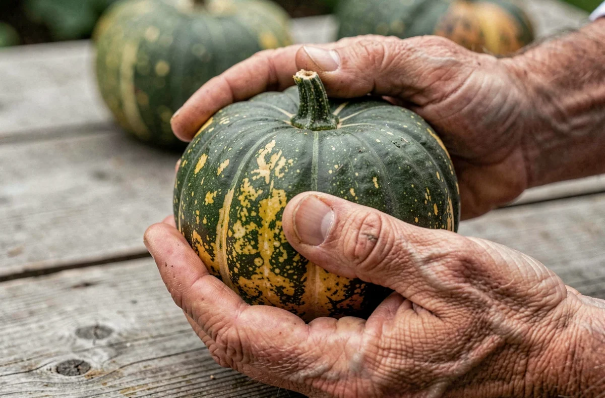 Mains de jardinier tenant une citrouille verte non mûre récoltée