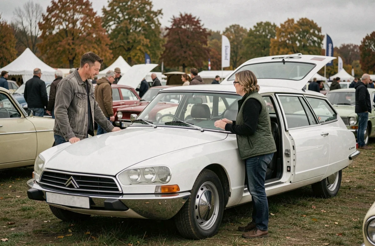 Deux passionnés négocient l'achat d'une Citroën DS Break blanche lors d'un salon de voitures anciennes en plein air