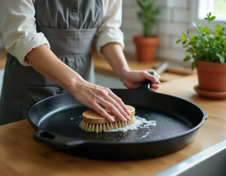 Femme nettoyant une plancha en fonte émaillée avec une brosse naturelle dans une cuisine moderne