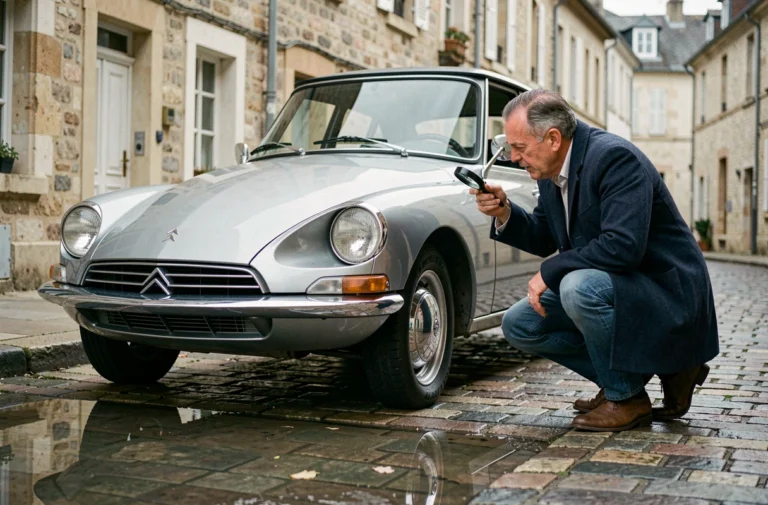 Un passionné d'automobile inspecte une Citroën DS 19 d'occasion argentée garée sur des pavés dans une ville de province française