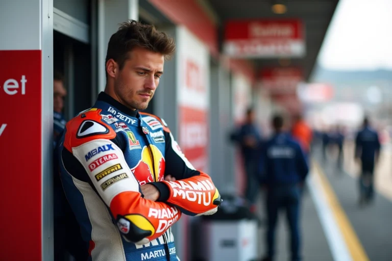 Pilote de MotoGP en combinaison de course dans le paddock, regard pensif et introspectif, atmosphère de compétition professionnelle