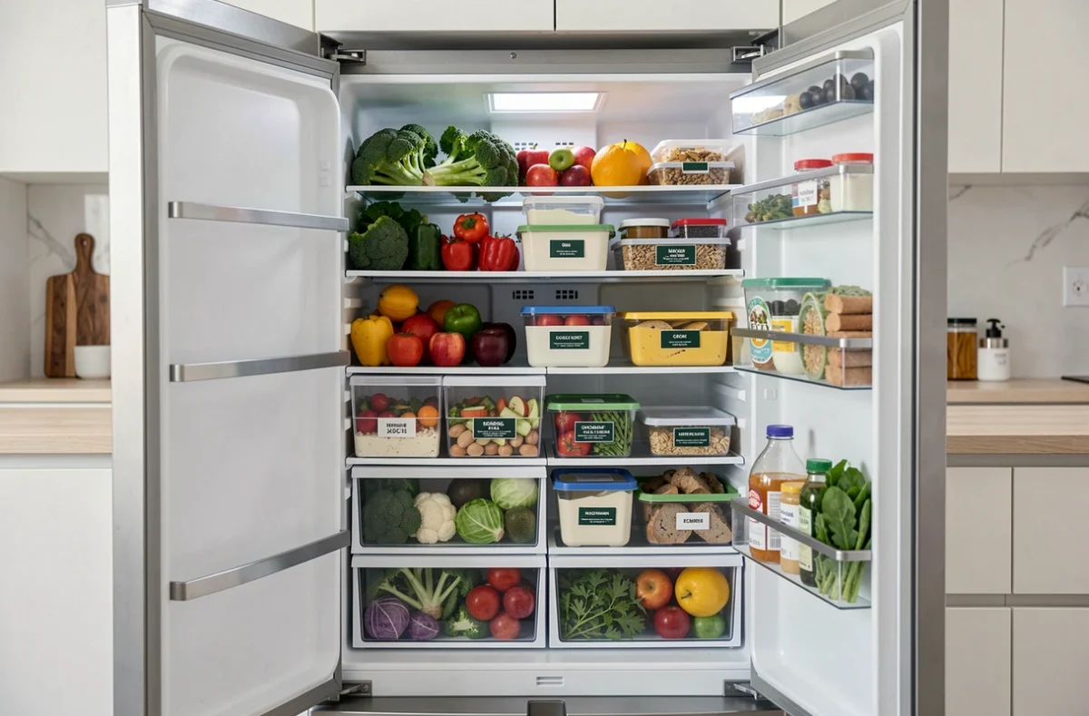 Réfrigérateur bien organisé et bien rempli avec des aliments frais, légumes, fruits et boîtes de conservation étiquetées dans une cuisine moderne