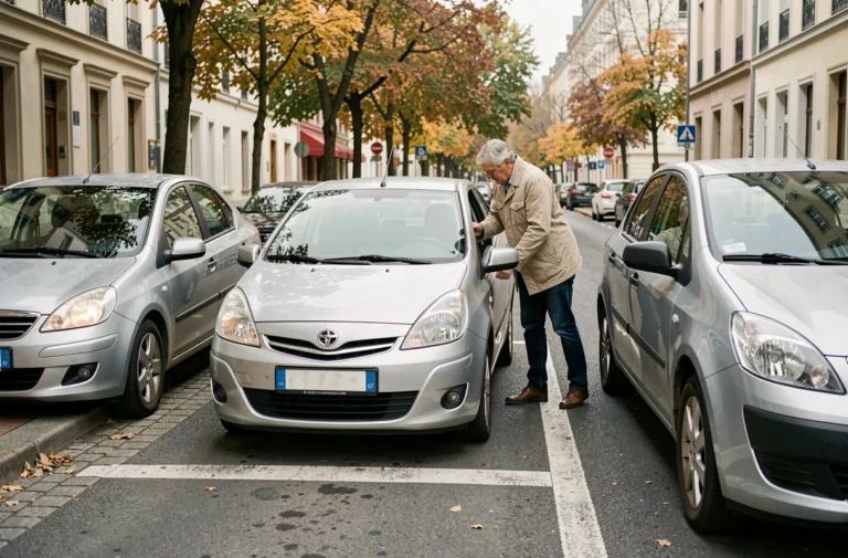 Homme manœuvrant une voiture en stationnement parallèle entre deux véhicules dans une rue urbaine
