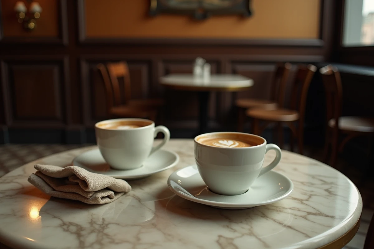 Deux tasses à café vides sur une table de brasserie parisienne avec une chaise abandonnée, métaphore visuelle d'une rupture amoureuse
