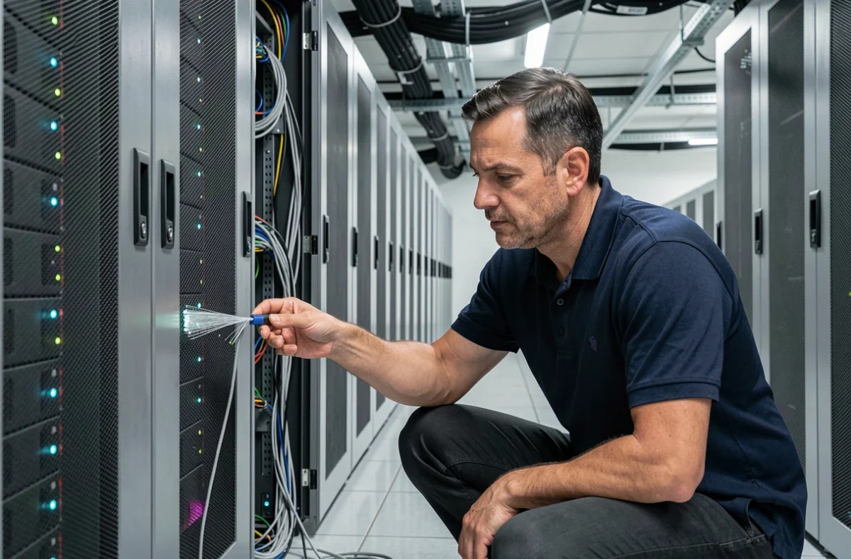 Technicien informatique branchant un câble fibre optique dans une salle de serveurs professionnelle, représentant l'infrastructure physique d'Internet
